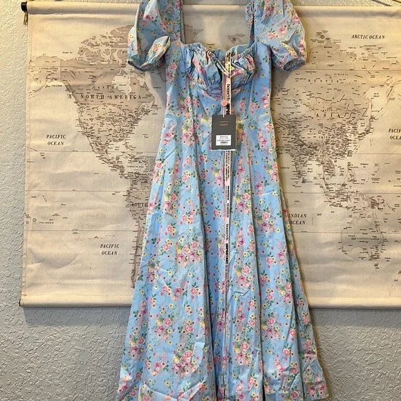 House of CB Tallulah Blue Vintage Floral Puff Sleeve Midi Dress - Picture 12 of 13